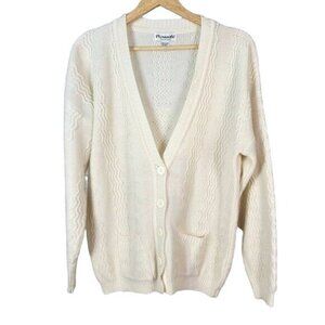 Plymouth! Womens Sweater Cardigan Cream Medium V Neck Pockets Long Sleeve VTG